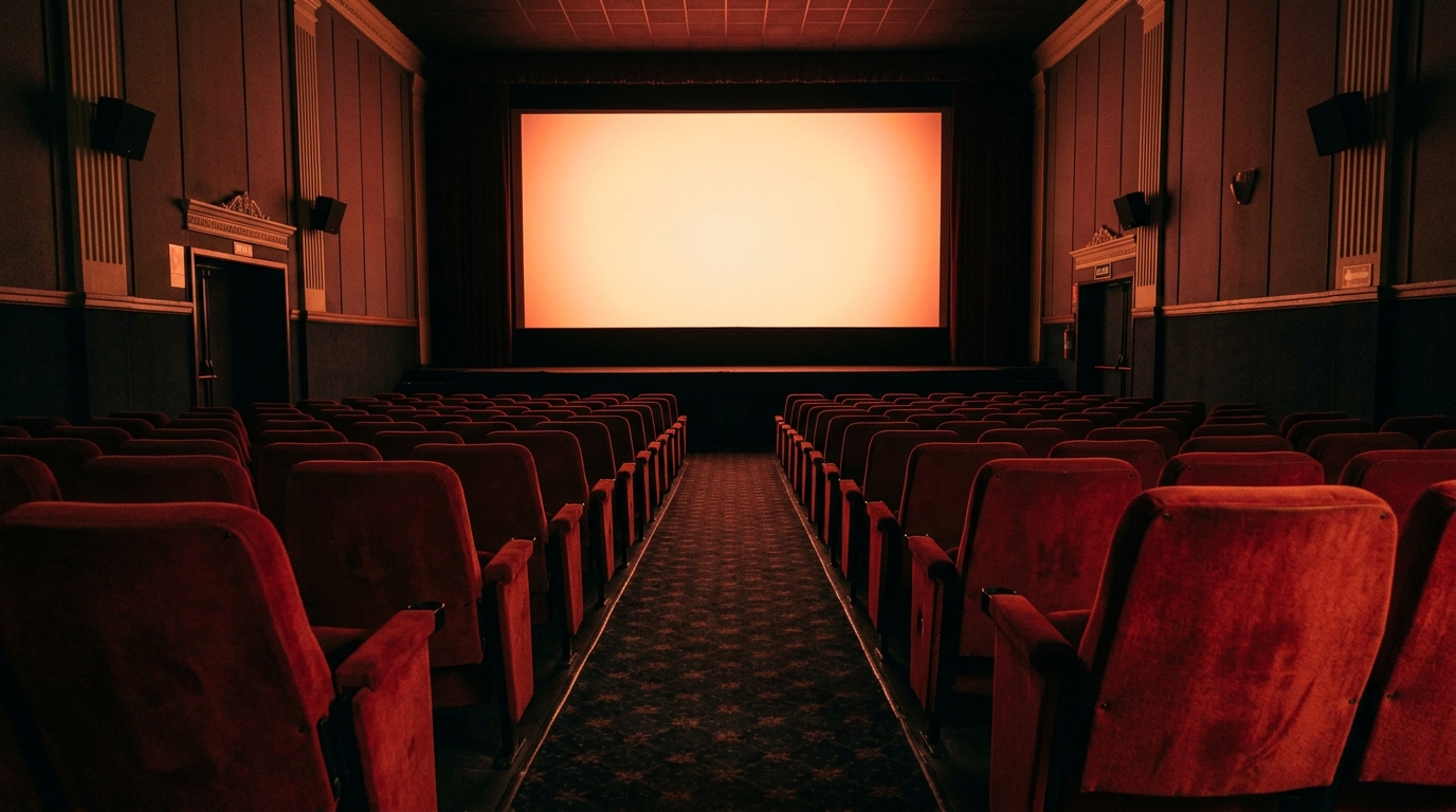 Sala de cine vacía iluminada por el proyector de La captura en Netflix