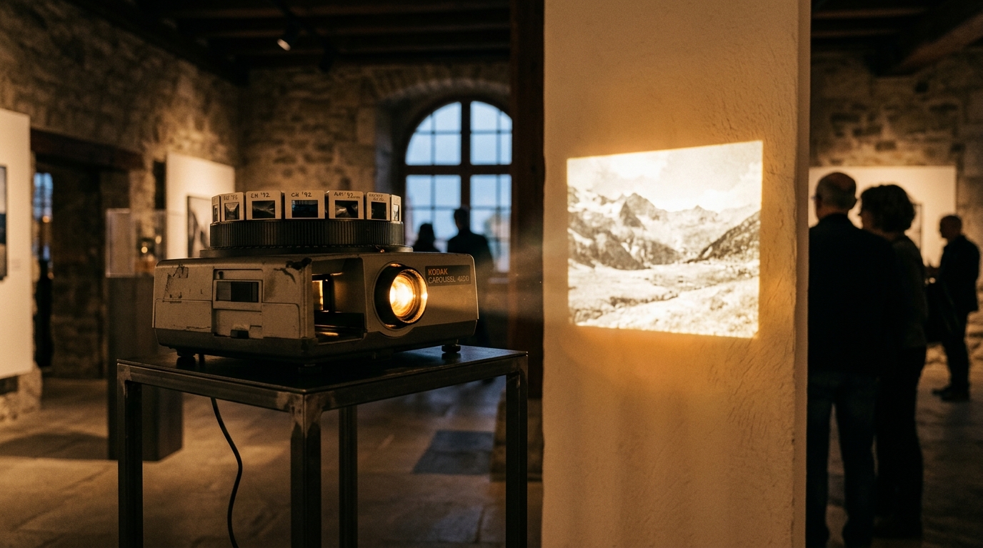 Proyector de diapositivas antiguas en una sala de la bienal Images Vevey