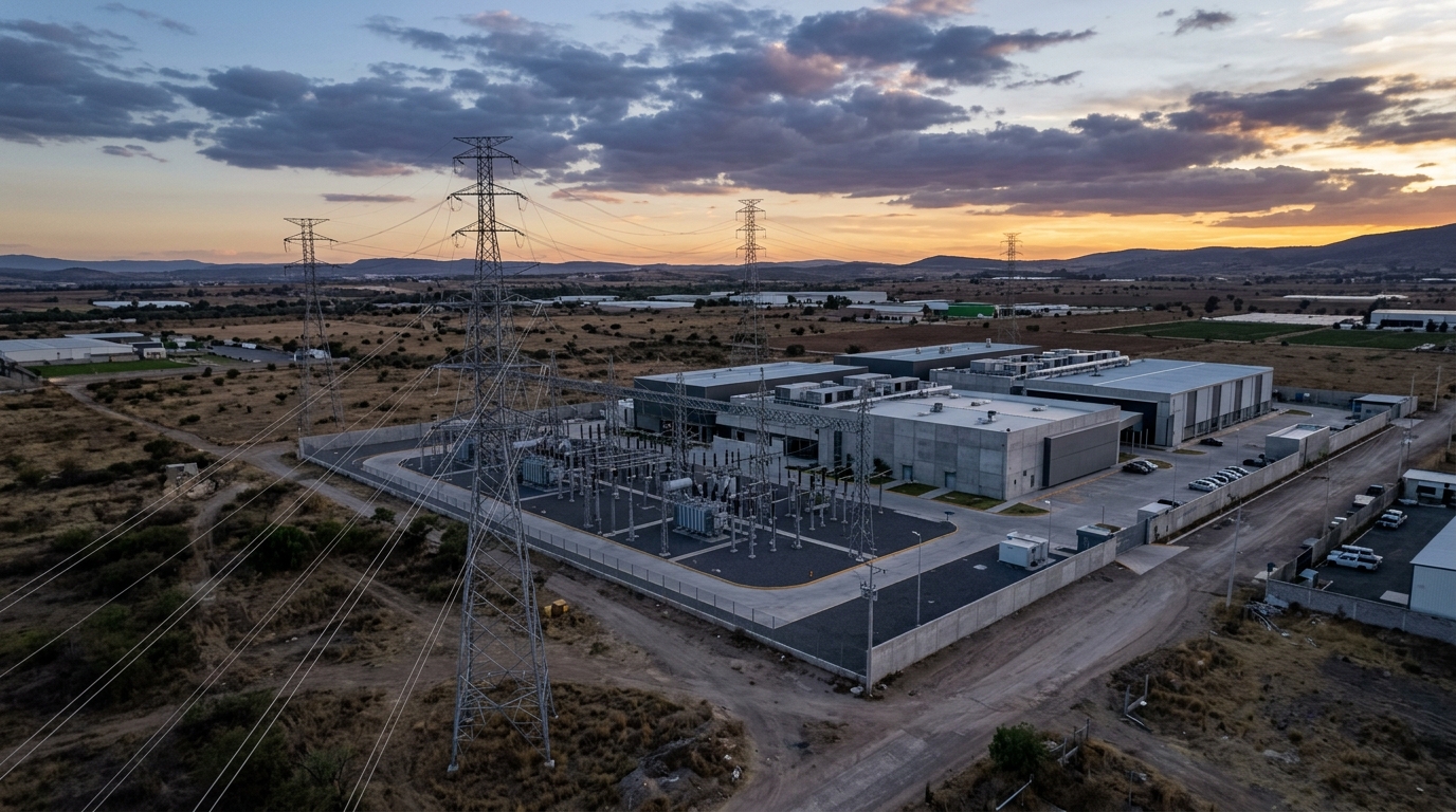 Torres de transmisión eléctrica al atardecer junto a un centro de datos en México