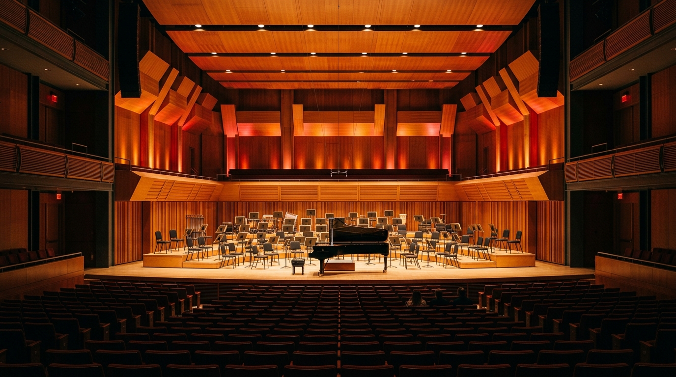 Sala de conciertos vacía con atriles e instrumentos de la Filarmónica de Nueva York