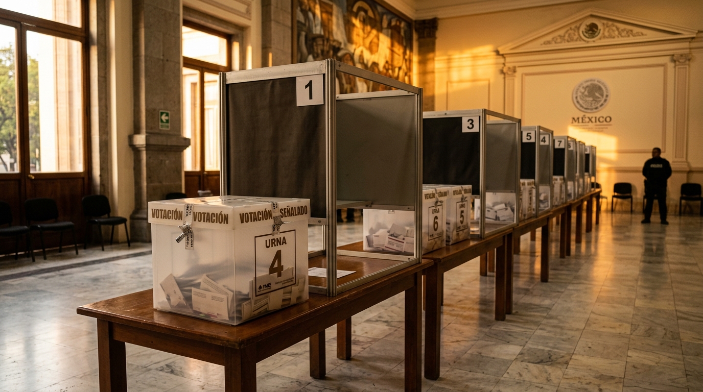 Urnas y mamparas en un centro de votación rumbo a las elecciones 2027 en México