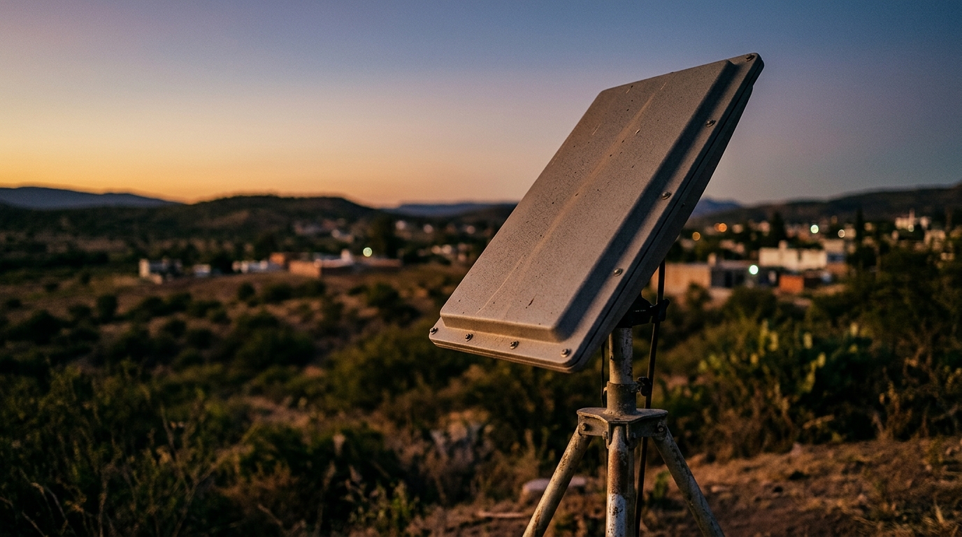 Antena satelital Starlink en estación terrestre rural al atardecer