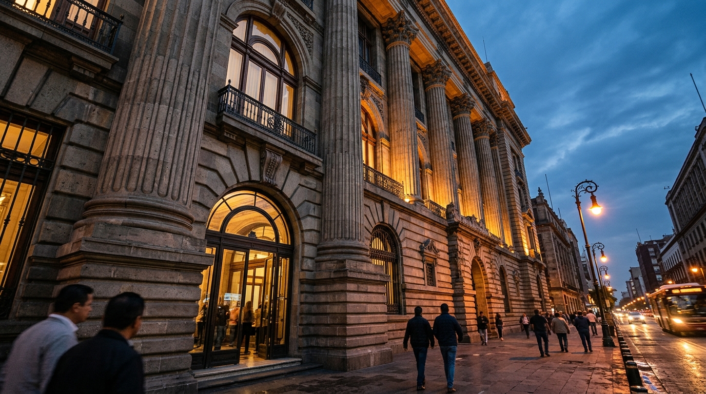 Fachada del Banco de México de noche, referencia al peso mexicano