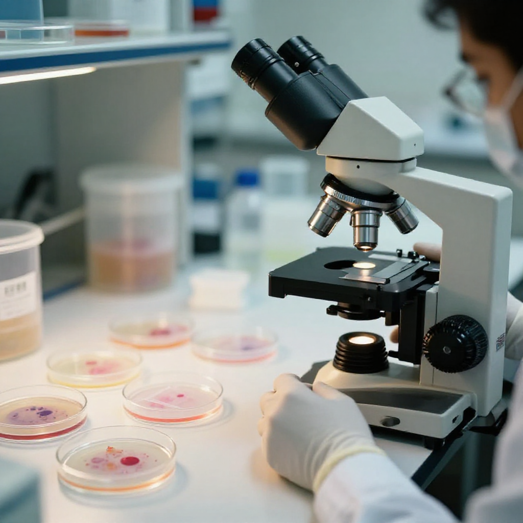 Microscopio de laboratorio con muestras teñidas del estudio de H. pylori y cáncer colorrectal