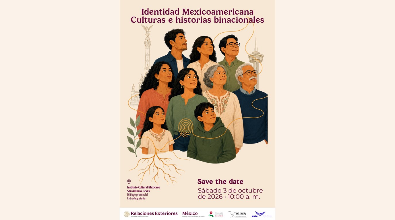 Cartel del evento «Identidad Mexicoamericana: Culturas e historias binacionales» en el Instituto Cultural Mexicano de San Antonio