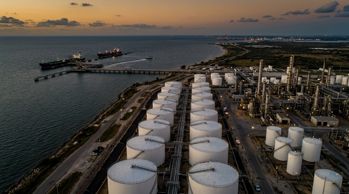 Mezcla Mexicana de Exportación: tanques de almacenamiento de crudo en terminal al atardecer