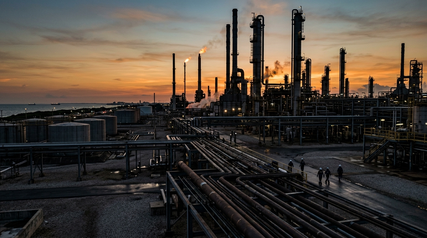 Refinería iluminada al atardecer, imagen sobre apalancamiento corporativo en México y Pemex