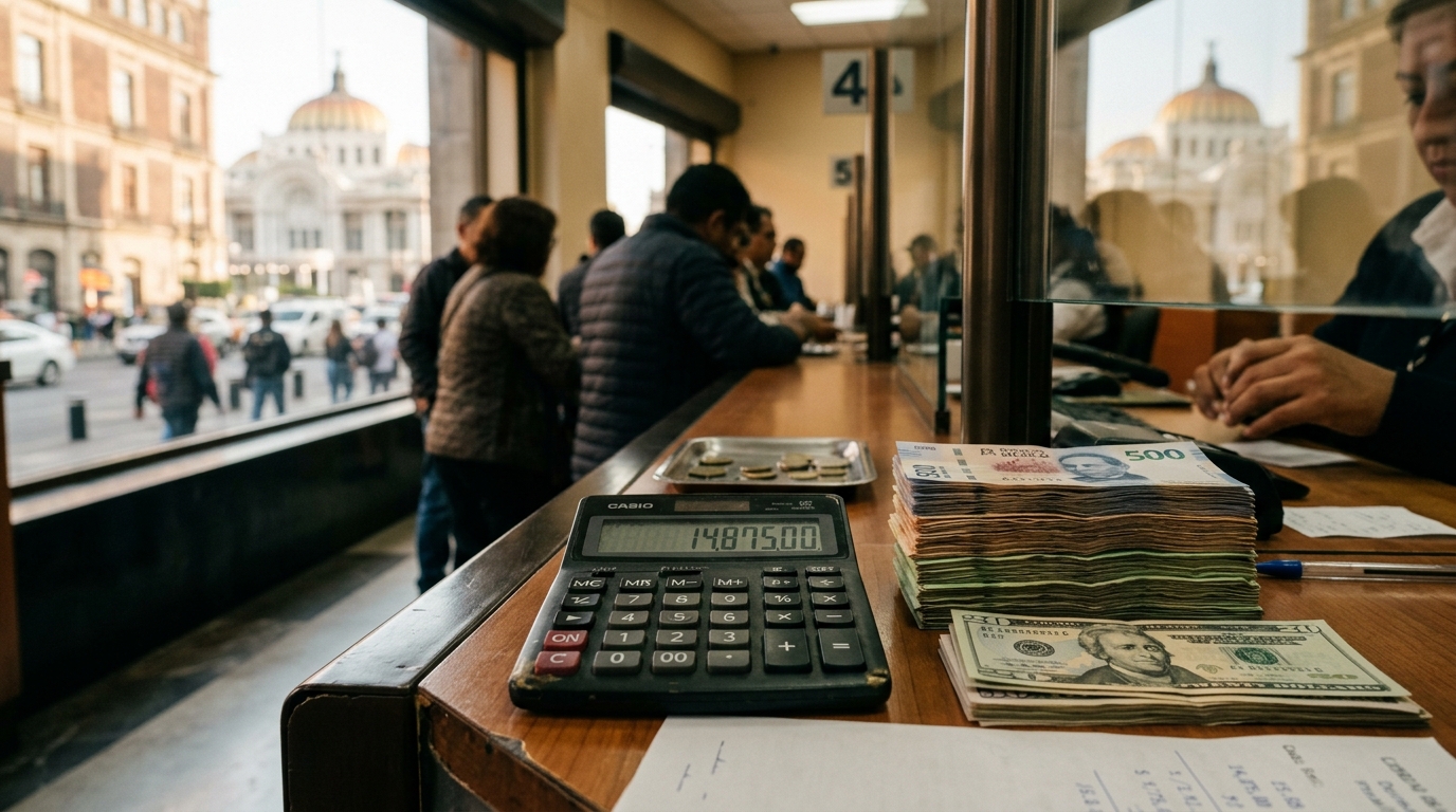 Billetes de peso mexicano y dólar en una mesa de cambio