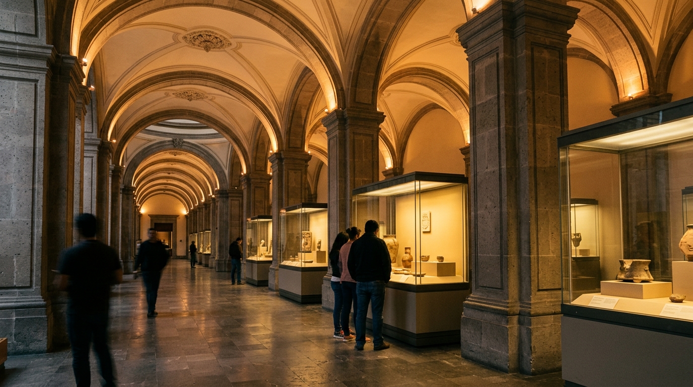 Sala de museo con vitrinas iluminadas, contexto del presupuesto cultura 2027 en México