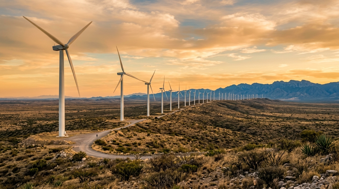 Aerogeneradores de un parque de energía eólica en el noreste de México al atardecer