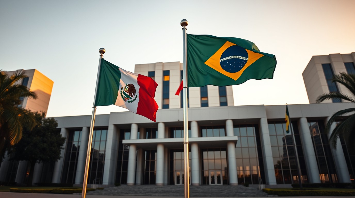 Banderas de México y Brasil frente a edificio oficial para la reunión Sheinbaum Lula
