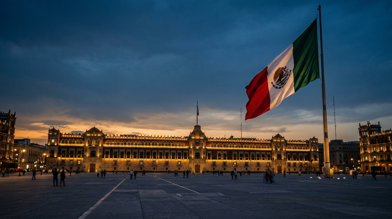 Bandera monumental ondeando en el Zócalo durante el Grito de Independencia 2026