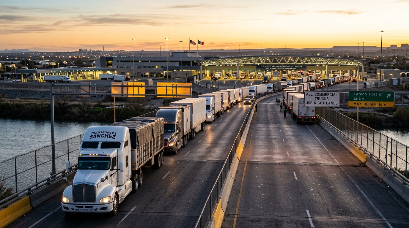 Camiones de carga en la frontera durante el acuerdo comercial México Estados Unidos
