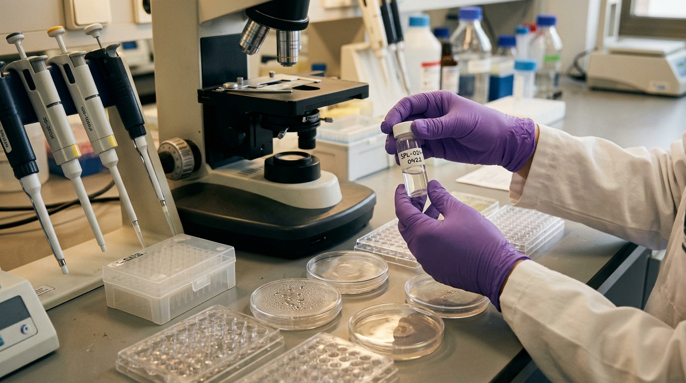 Microscopio de laboratorio con muestras celulares para investigar la metástasis del cáncer de mama