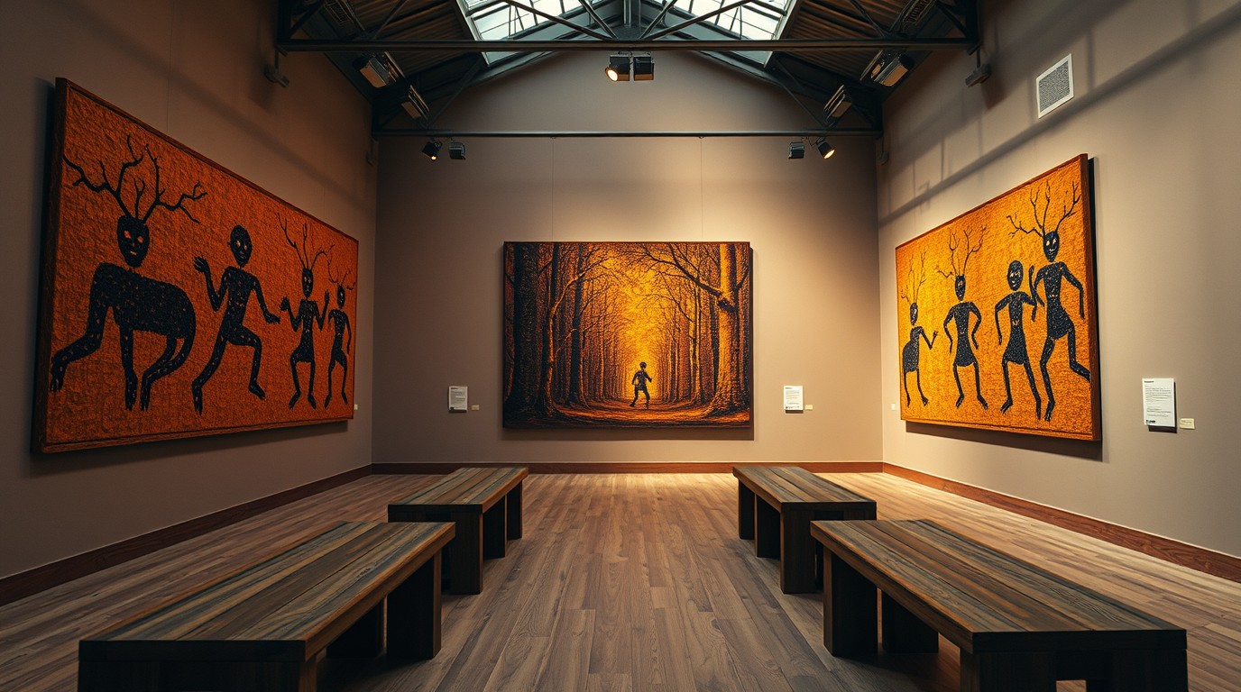 Sala del Museo del Chopo con pinturas sobre llanchama, exposición Santiago Yahuarcani Museo del Chopo